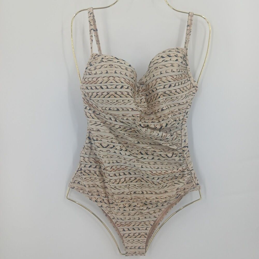 womans classic size medium cream and brown one piece swimwear bathing suit